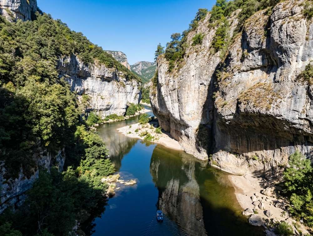 Les Détroits des gorges du Tarn vus du ciel, avec une barque des bateliers
